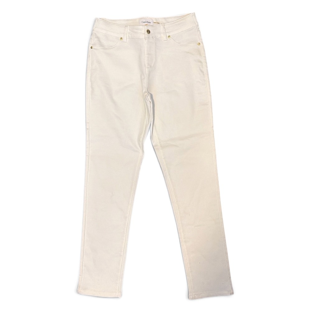 Calvin Klein Womens White Straight Leg Denim Pants Gold Hardware Size 6 NWT